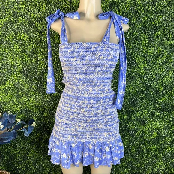 NWOT LoveShackFancy Belle‎ Blue smocked tie straps  Dress - Picture 6 of 12